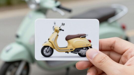 Hand holding a card with a 50cc scooter illustration.