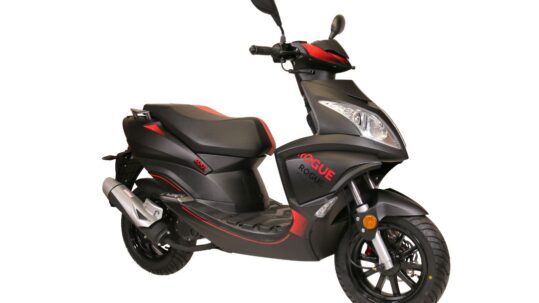 A white and black scooter with red accents is shown.
