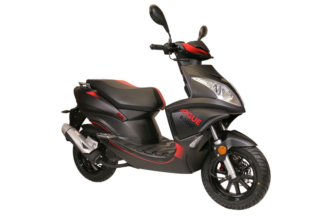 A white and black scooter with red accents is shown.