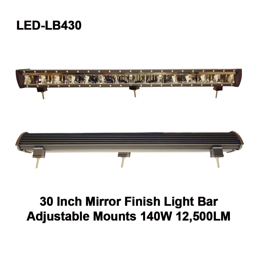 LED Light Bar 30 Inch Mirror Beam 140W 12500LM IP67 Adjustable Stainless Mounts