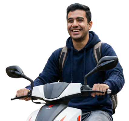 A person smiles while riding a white scooter with a backpack.